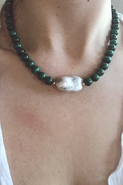 Malachite + Baroque Pearl Necklace