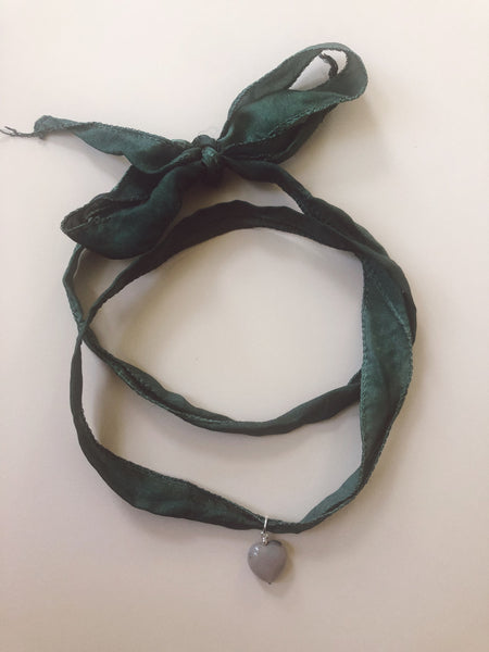 Agate Heart + Silk Ribbon Necklace