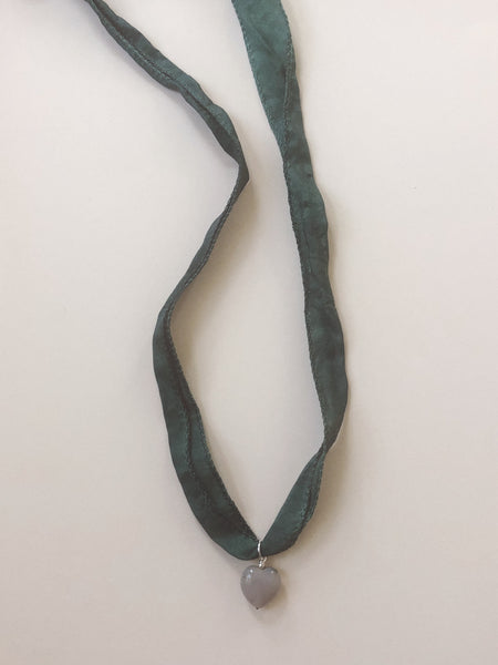 Agate Heart + Silk Ribbon Necklace