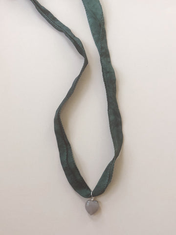 Agate Heart + Silk Ribbon Necklace