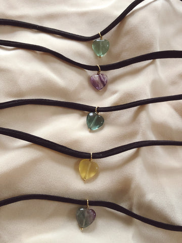 Fluorite Heart + Silk Choker Necklace