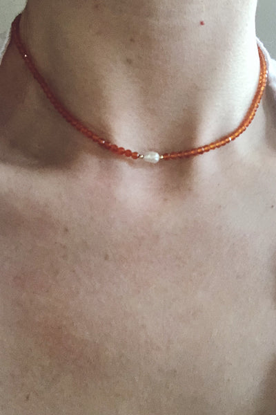 Orange Carnelian + Pearl Choker Necklace