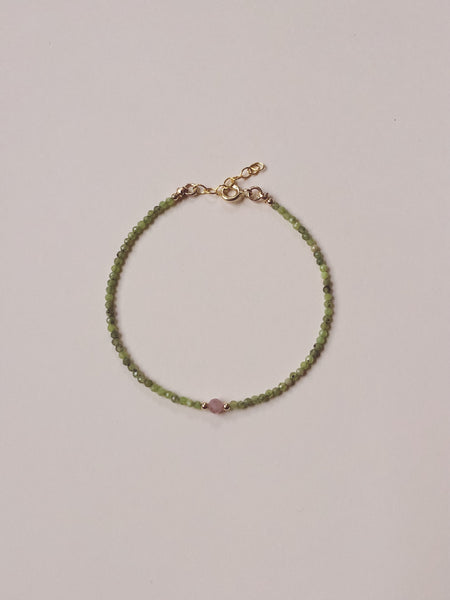 Beaded Gemstone Bracelet | Green Jade + Rose Quartz